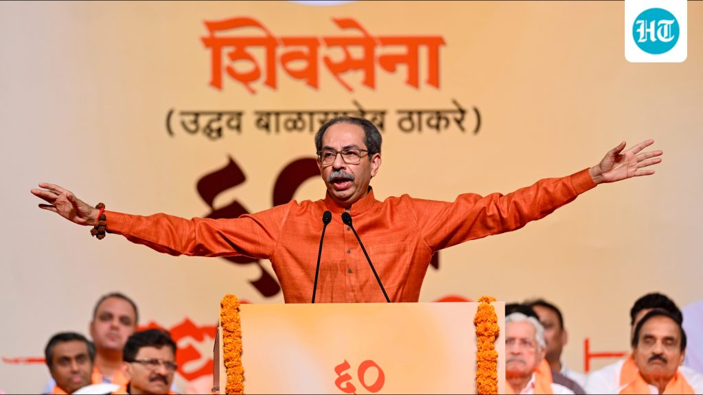Uddhav Thackeray, Chief of Shiv Sena (UBT), addressed party members at Shanmukhanand Hall in Mumbai on the partys 60th foundation day.